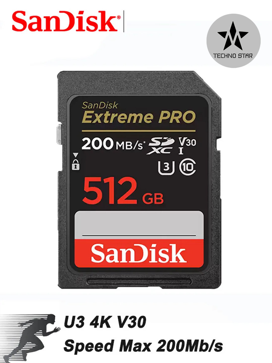 Карта памяти SDXC 512GB Sandisk Extreme Pro UHS-I 200MB/S, U3 4K V30, для фототаппарата