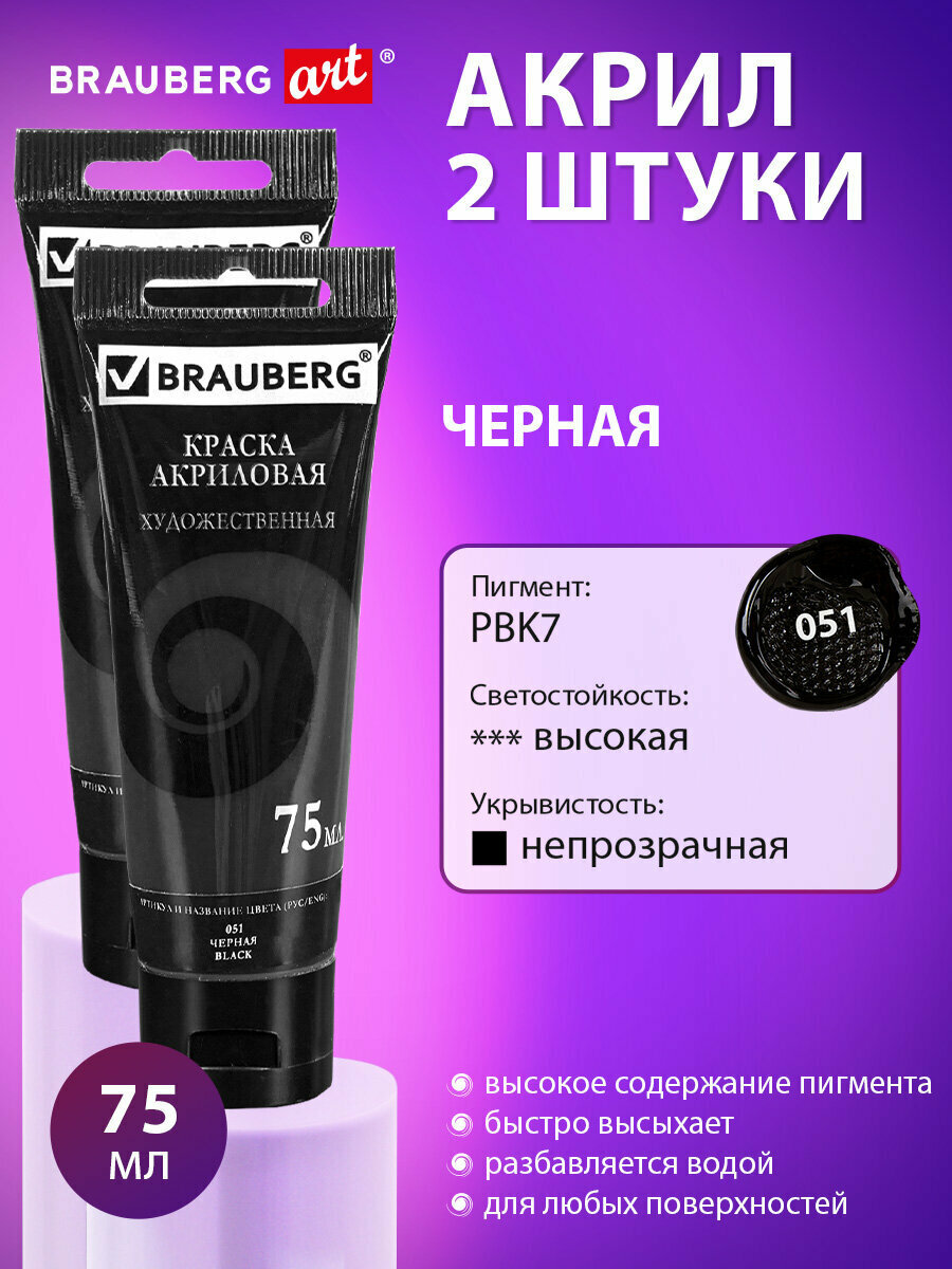 Краски акриловые художественные матовые черные Набор 2 шт. в тубах по 75 мл Brauberg Art Debut 192415