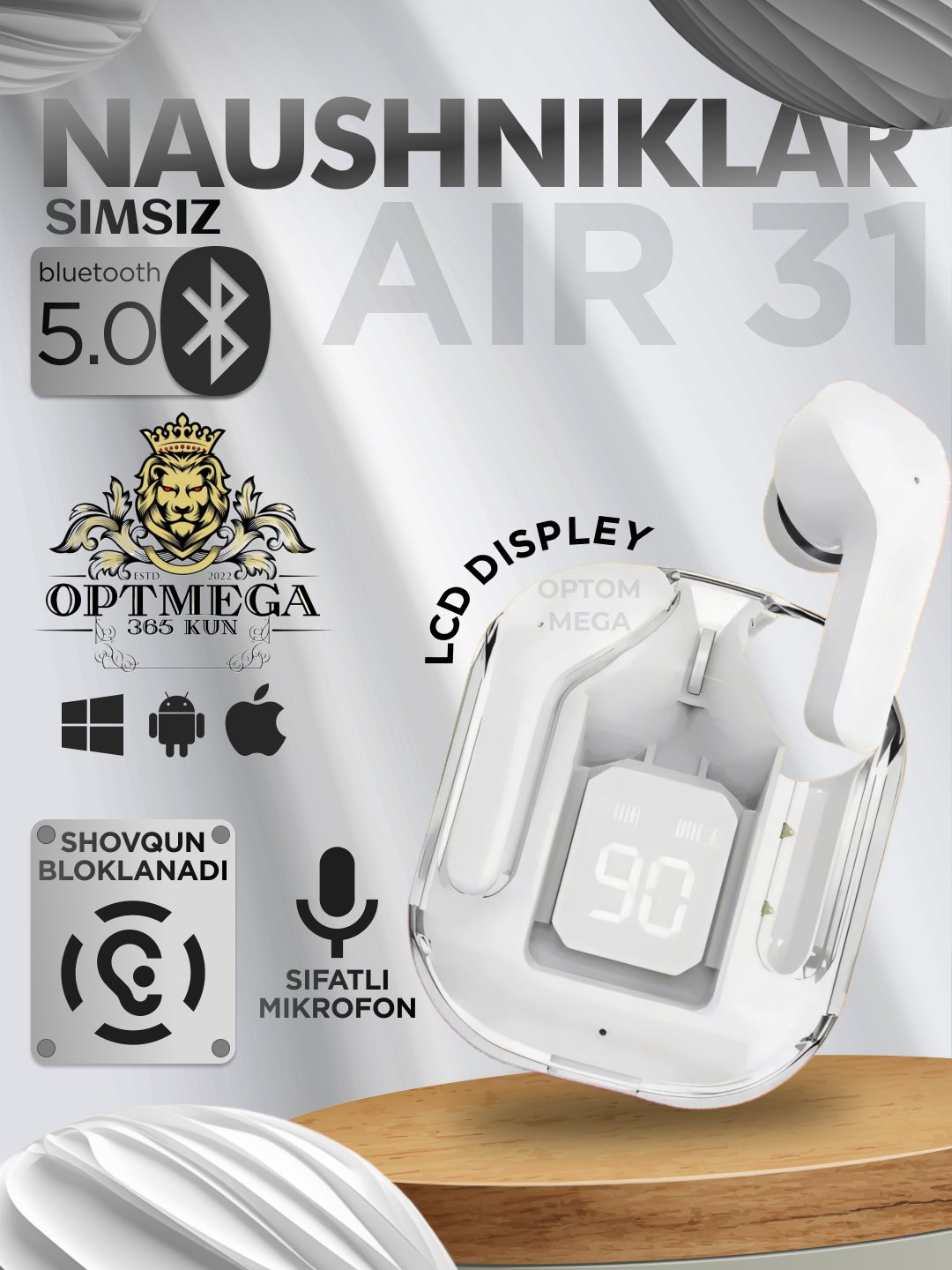 Беспроводные наушники Airpods Air 31, с дисплеем, микрофоном и шумоподавлением