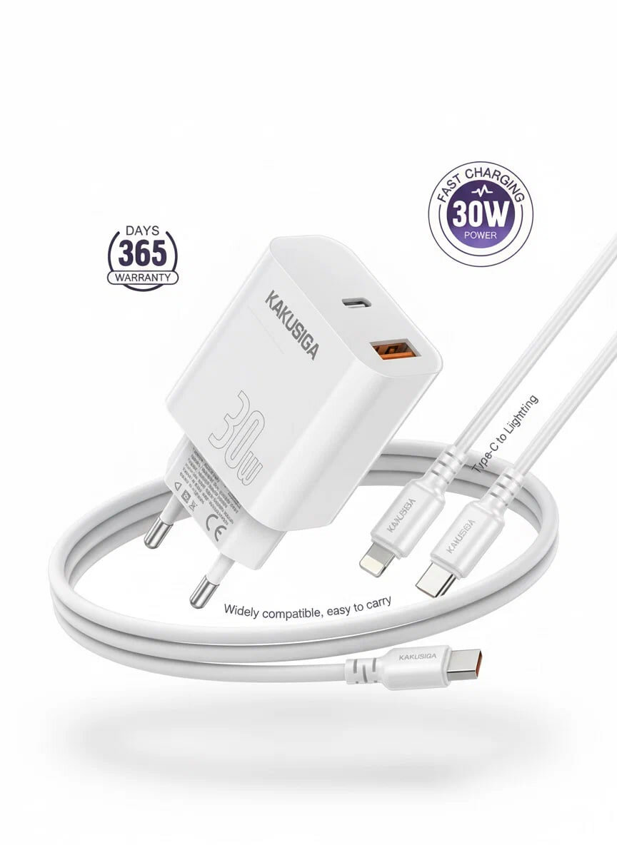 Зарядное устройство Kakusiga, JB048 PD30W QC3.0 Type-C/Lightning, кабель, белое — фото 1