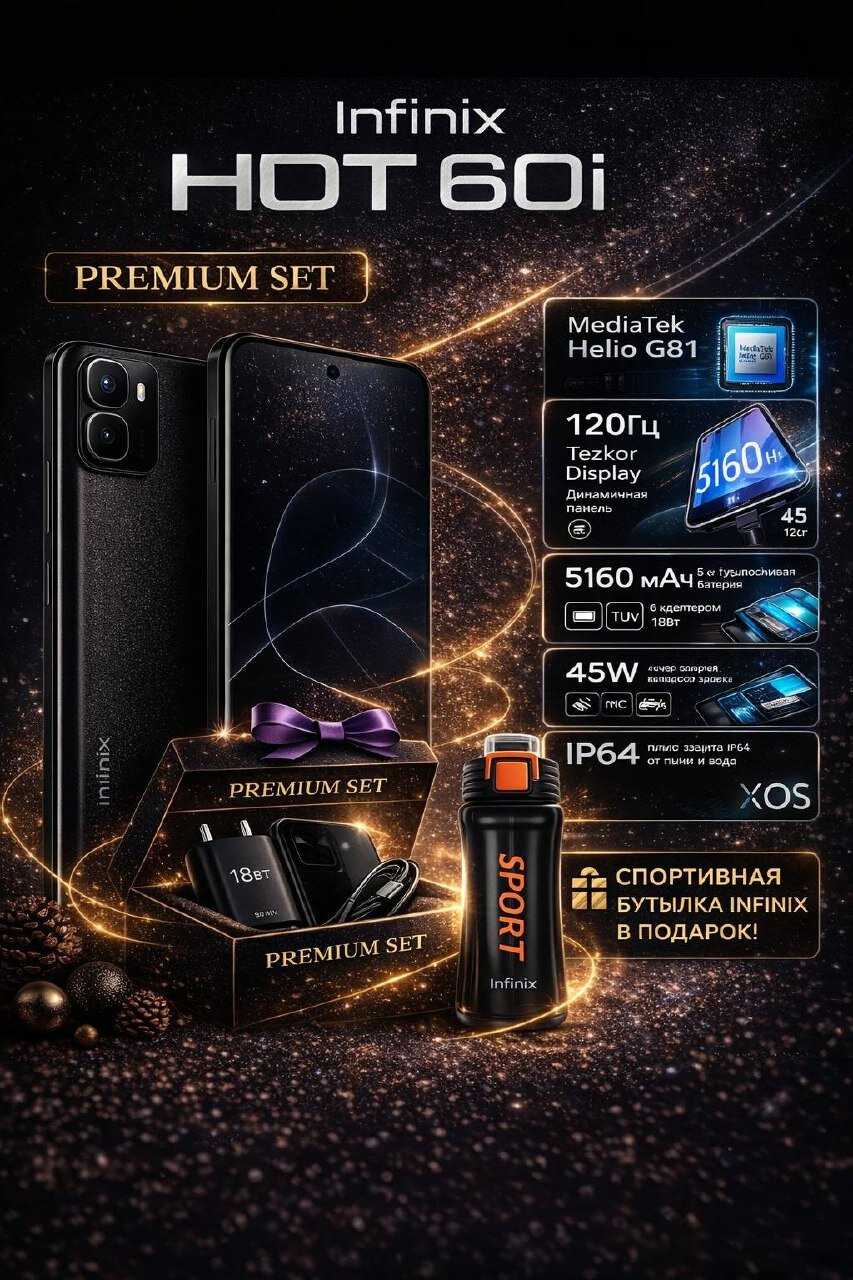 Смартфон Infinix HOT 60i PREMIUM set 2025 с подарком внутри +1 год гарантия, 8/8 ГБ, 16/128ГБ, 50Мп, 45Вт, 5160мАч