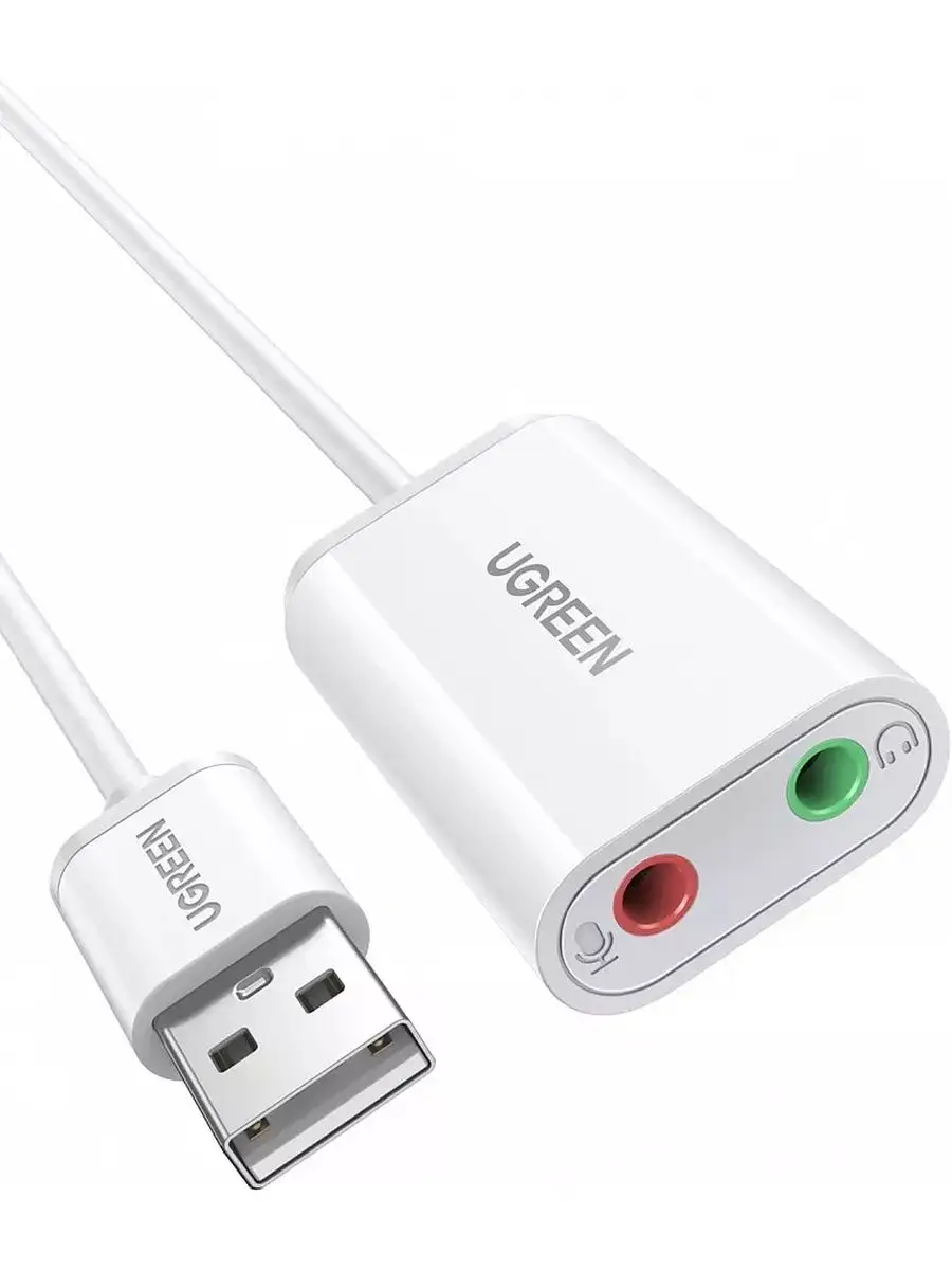 Внешняя звуковая карта UGREEN US205 (30143) USB External Sound Adapter Белый Audio 3.5 mm, Microphone 3.5 mm
