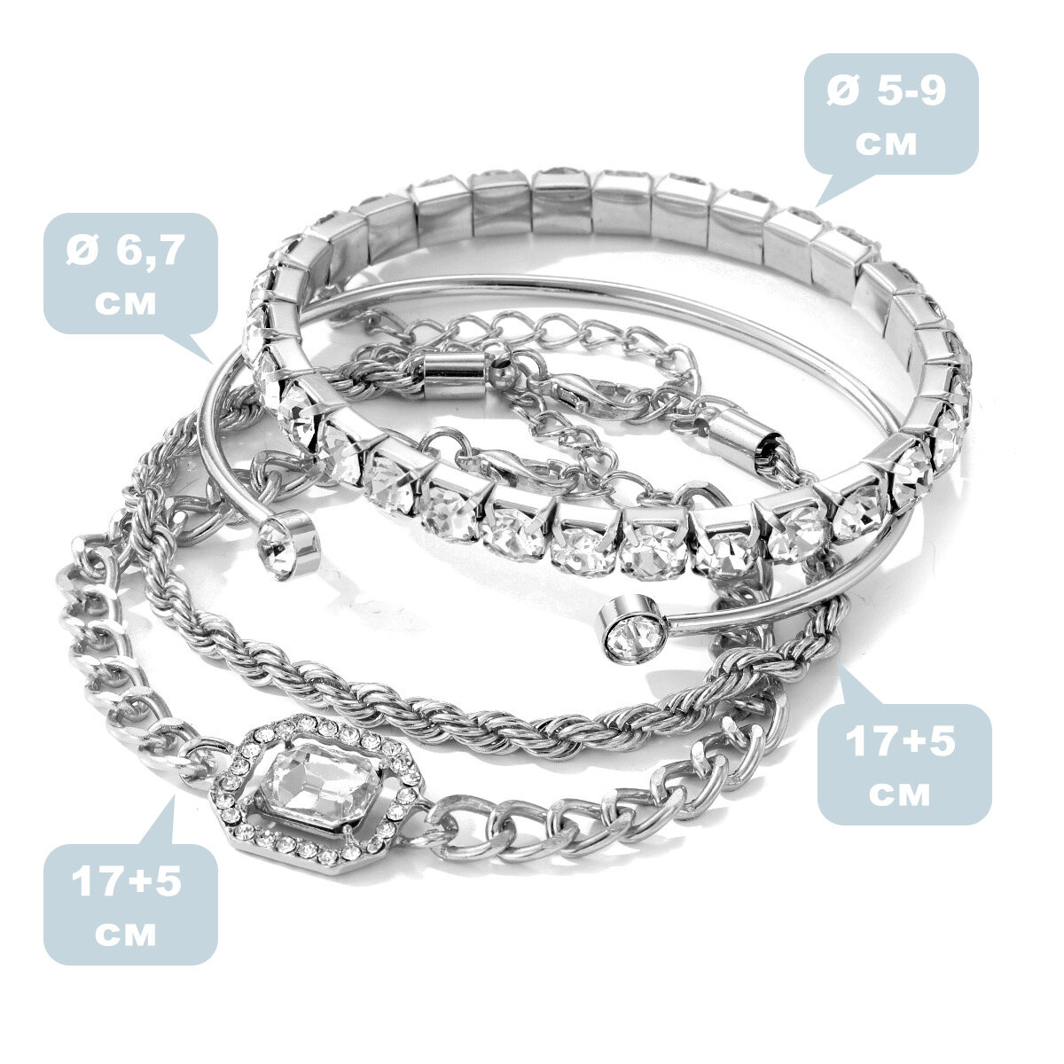 Набор браслетов Fashion jewelry, пластик, 4 шт., размер 17 см, размер one size, серебристый — фото 1