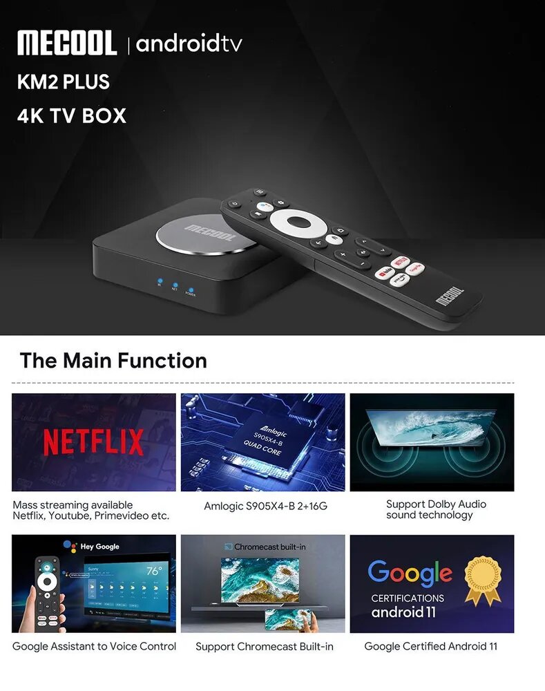 Mecool Медиаплеер Смарт ТВ Приставка Mecool KM2 PLUS Amlogic S905X4 ATV бокс Android, 2 ГБ/16 ГБ, Wi-Fi