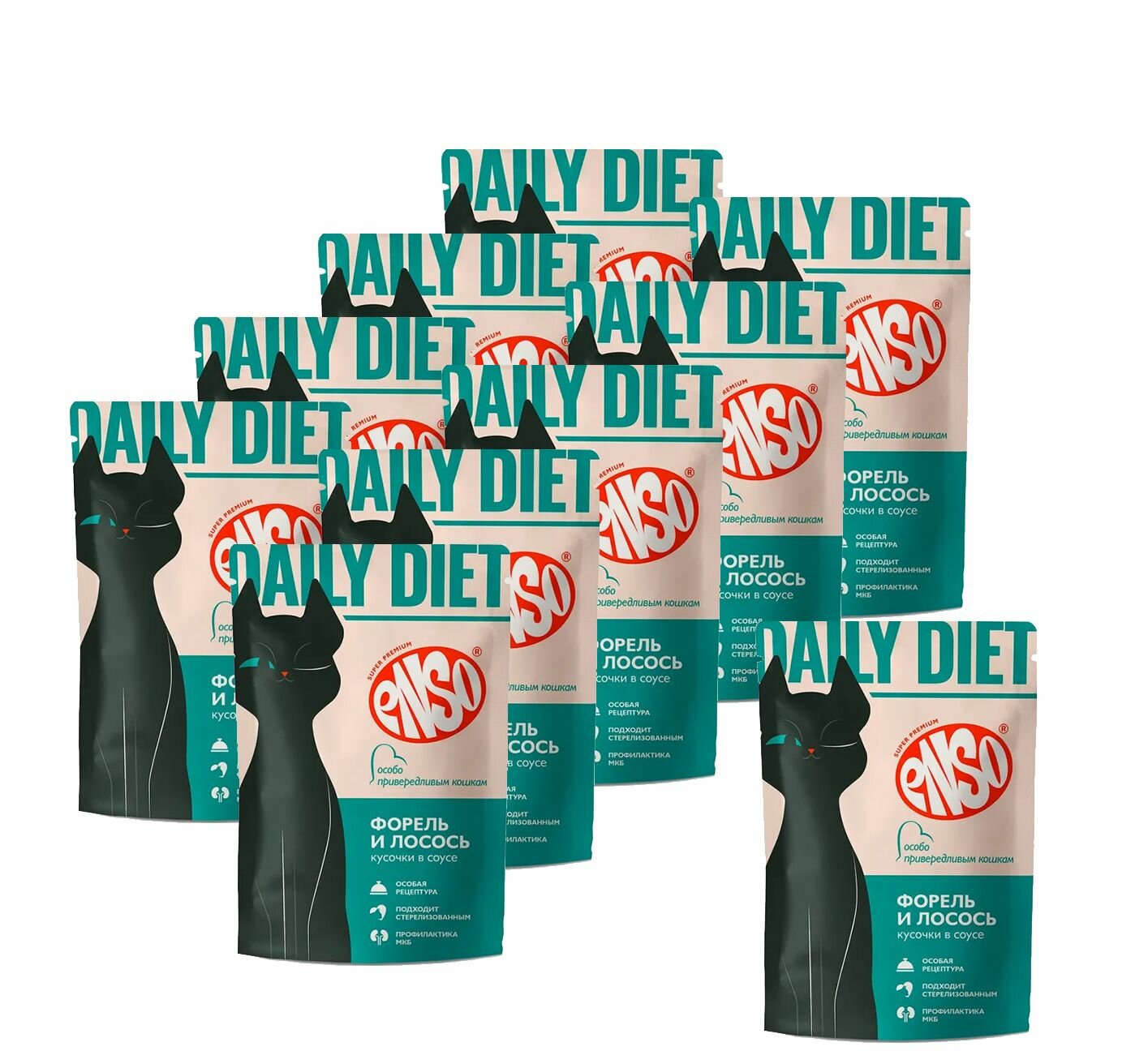 ENSO DAILY DIET Корм влажный полнорационный профилактический для взрослых привередливых кошек, кусочки в соусе с форелью и лососем, пауч 85г x 10 шт.