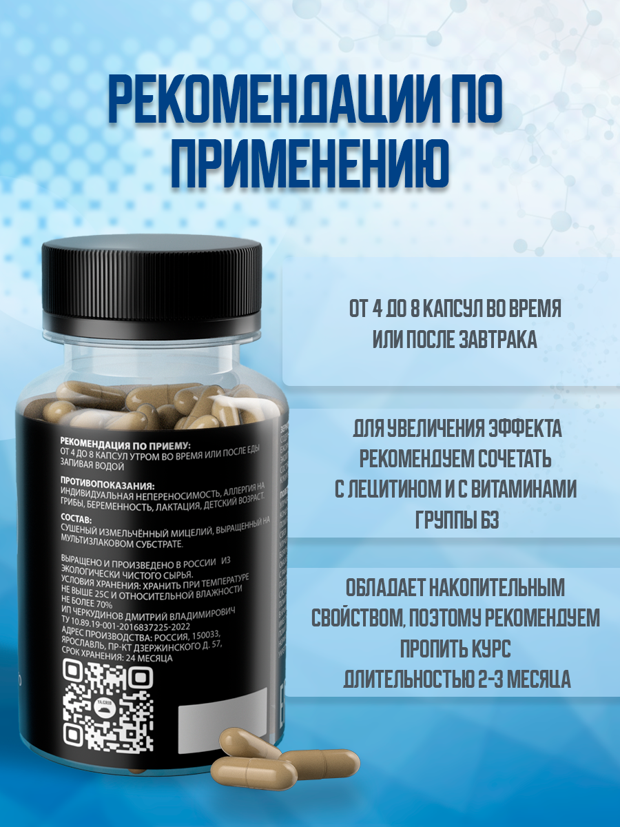 Ноотропы Ежовик гребенчатый (ежевик) 100% мицелий, 120 капсул по 500 мг, для мозга и иммунитета