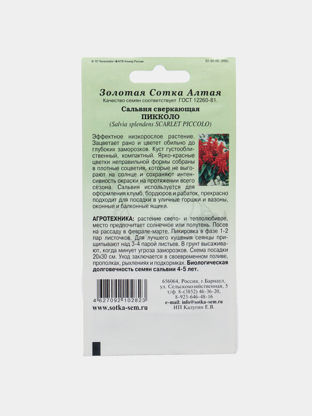 Семена цветов "Золотая сотка Алтая", Сальвия сверкающая Пикколо, многолетние, семена — фото 1