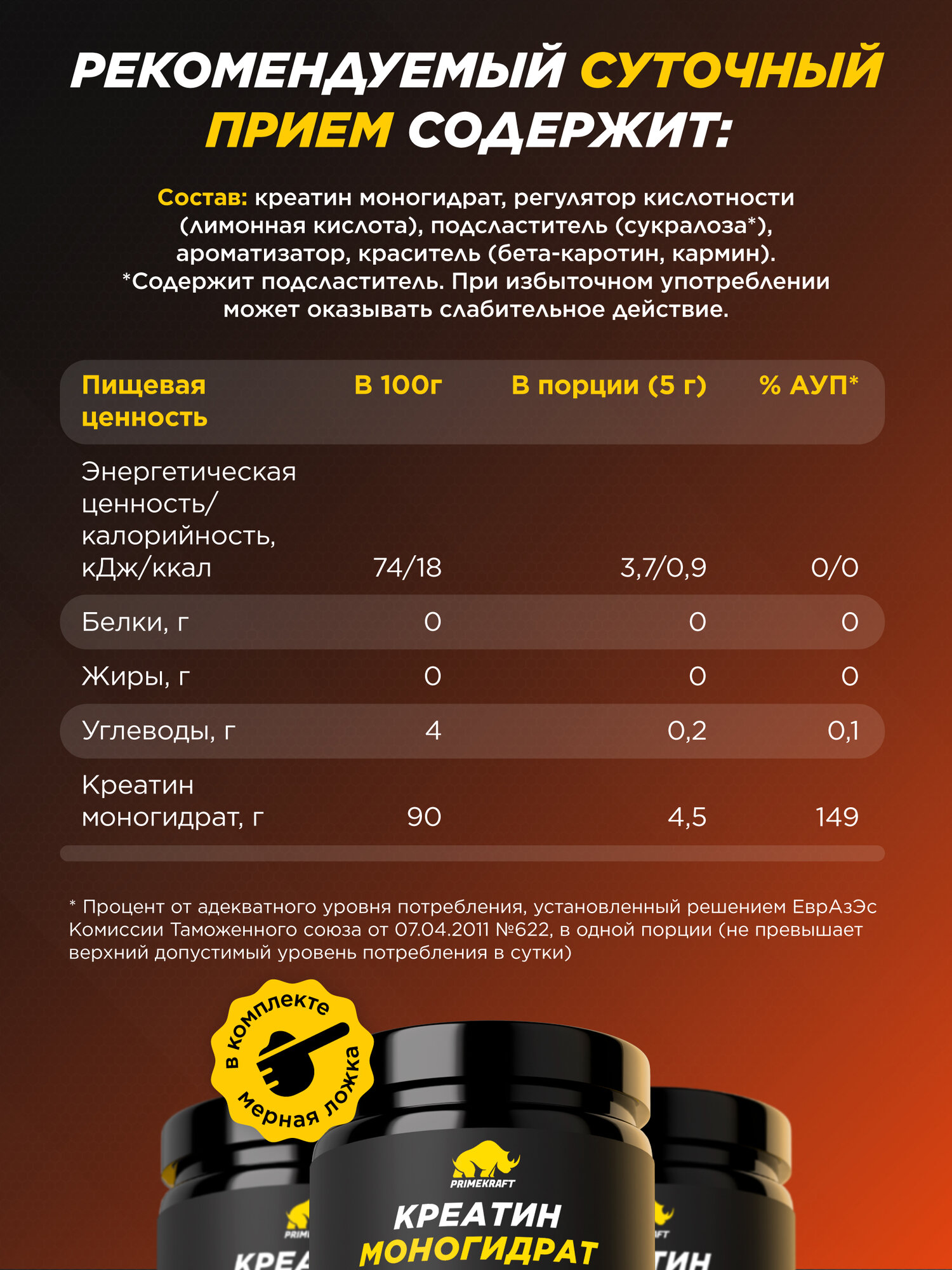 Креатин моногидрат Creatine Primekraft, 200 г, 40 порций, фруктовый пунш, для набора мышечной массы — фото 1