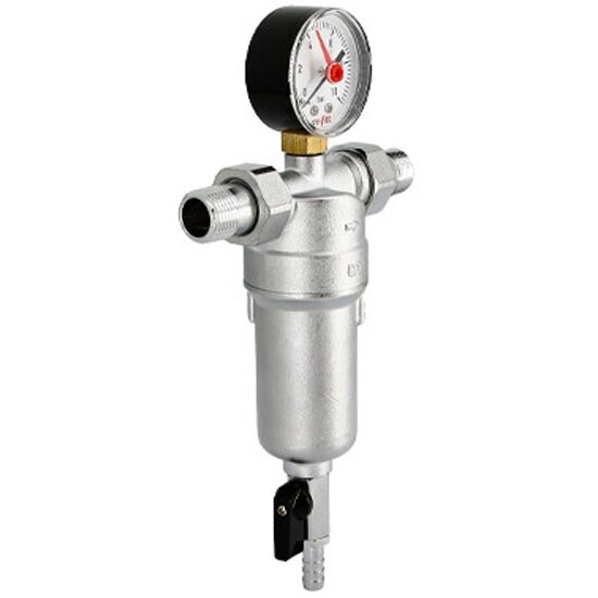 Фильтр промывной Uni-fitt ВН 1/2" х 3/4" с редукционным соединением, со слив. шаровым краном и маном, хром