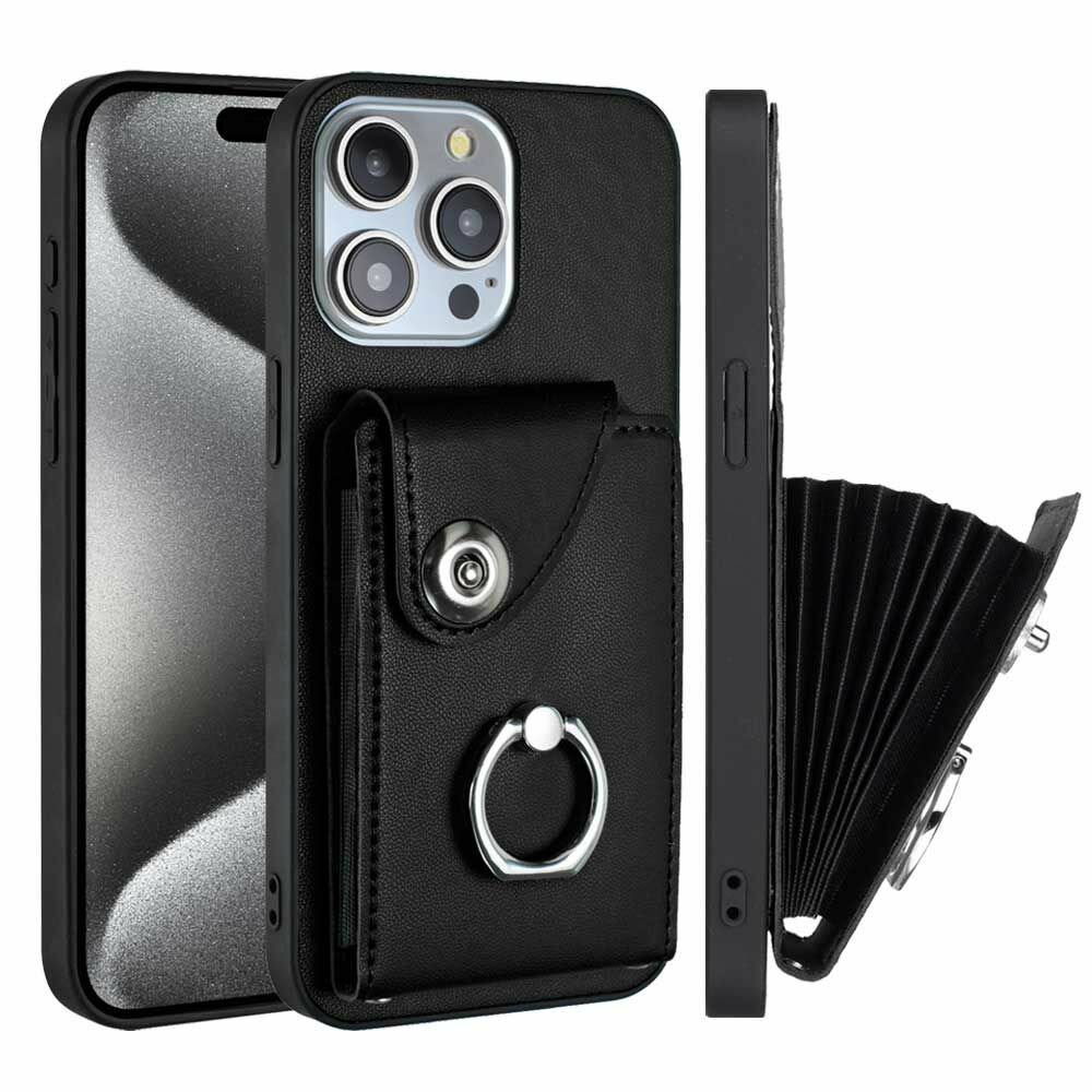Кожаный чехол для Apple iPhone 13 Pro Max (Эпл Айфон 13 Про Макс) с кнопкой, бумажником, визитницей и коротким ремешком