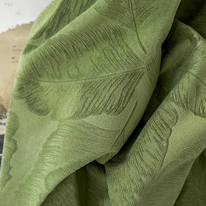 Бархатные шторы Black Ant оливково-зелёного цвета Leaf Pattern W150CM X H260CM(1PC) Pull Pleated Tape