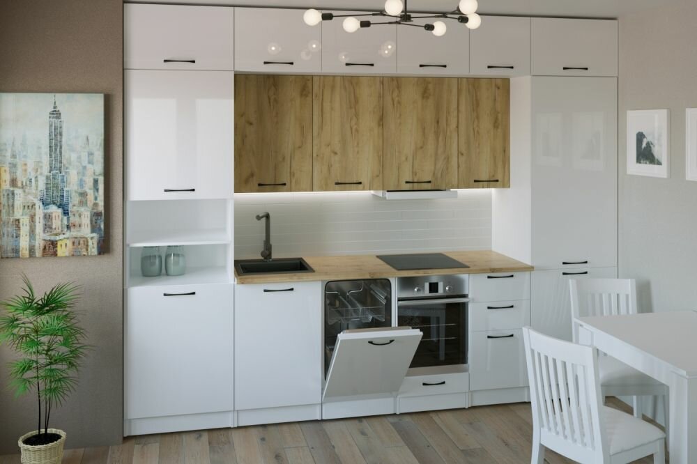 Кухонный гарнитур Жасмин экстра 3000, цвет Белый глянец/ Дуб золотой, модульная, со столешницей, прямой, с выдвижными ящиками, с полками, напольные и навесные шкафы