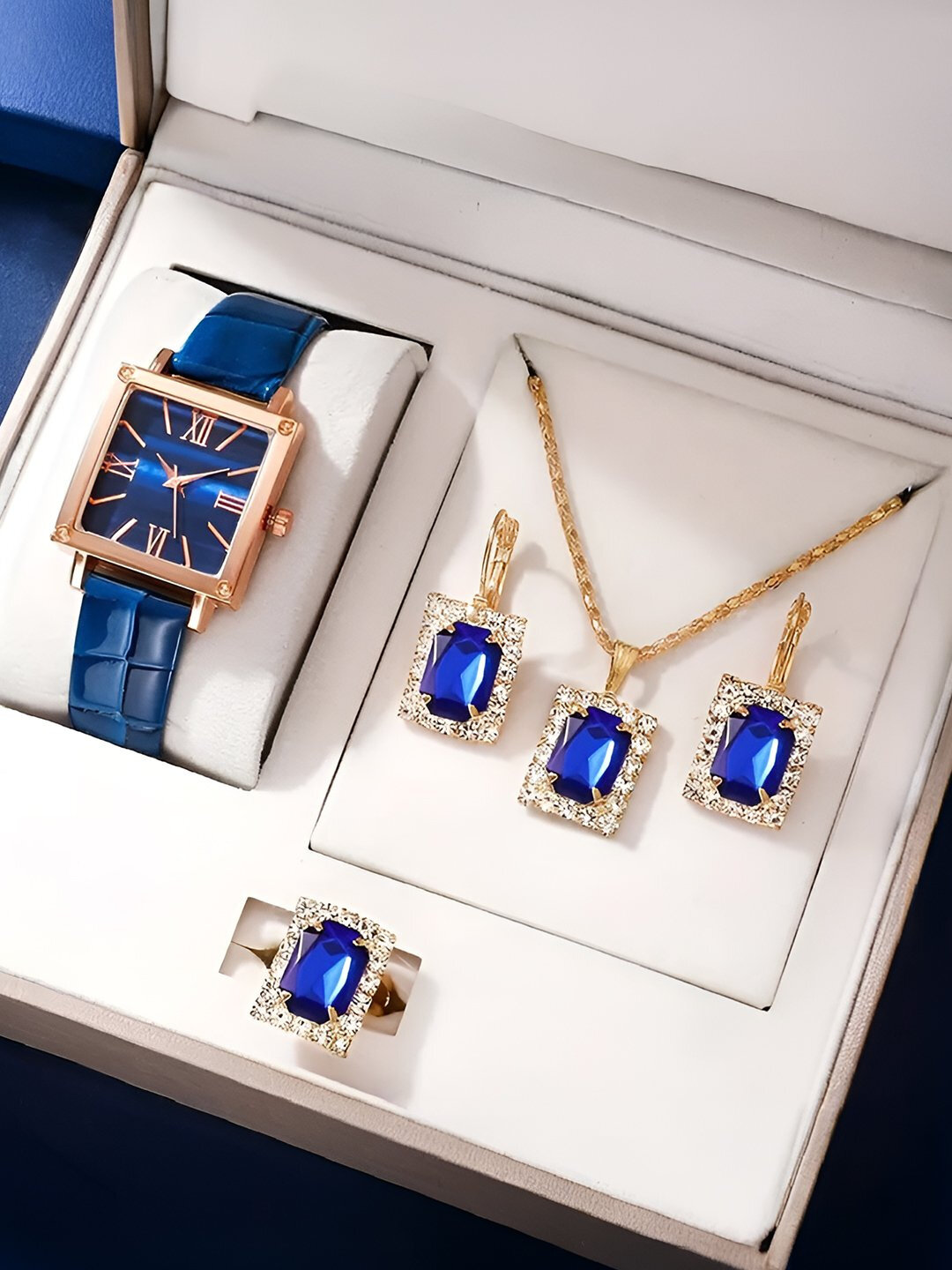 Комплект бижутерии: колье, цепь, кольцо, серьги, кварц, кристаллы Swarovski, размер колье/цепочки 46 см, синий