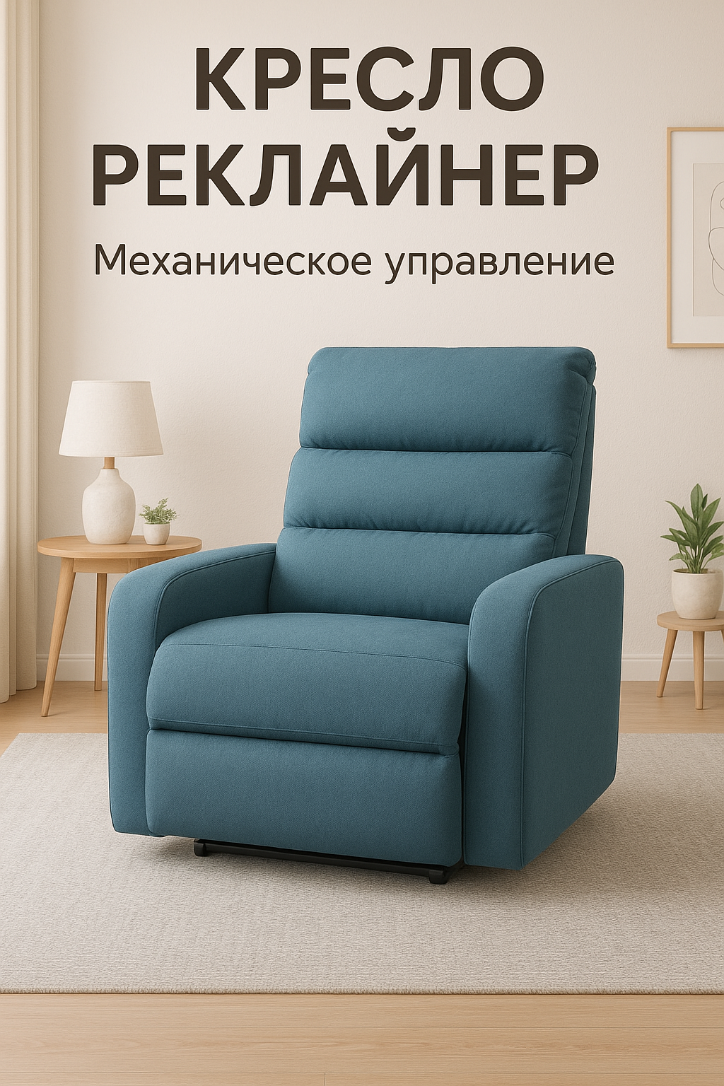 Кресло Реклайнер, обивка велюр, механическое управление, бирюзовый цвет