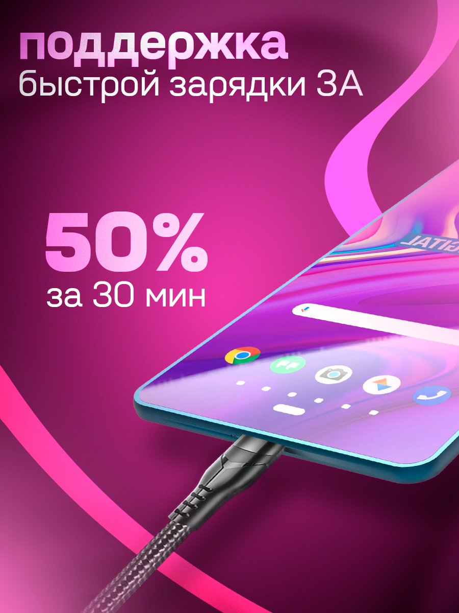 Кабель Micro USB, быстрая зарядка, 1 метр, нейлоновый, передача данных / шнур для телефона микро юсб, черный — фото 1