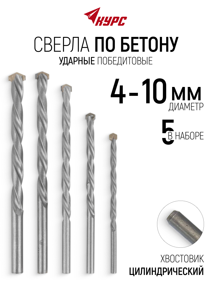 Сверла по бетону камню кирпичу 4, 5, 6, 8, 10 мм 5 шт победитовые ударные