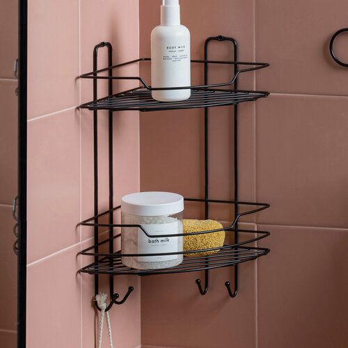 Изображение товара Полка угловая для ванной с крючками 22,2х22,2х39,8 см Лофт ЧМЗ цвет Черный