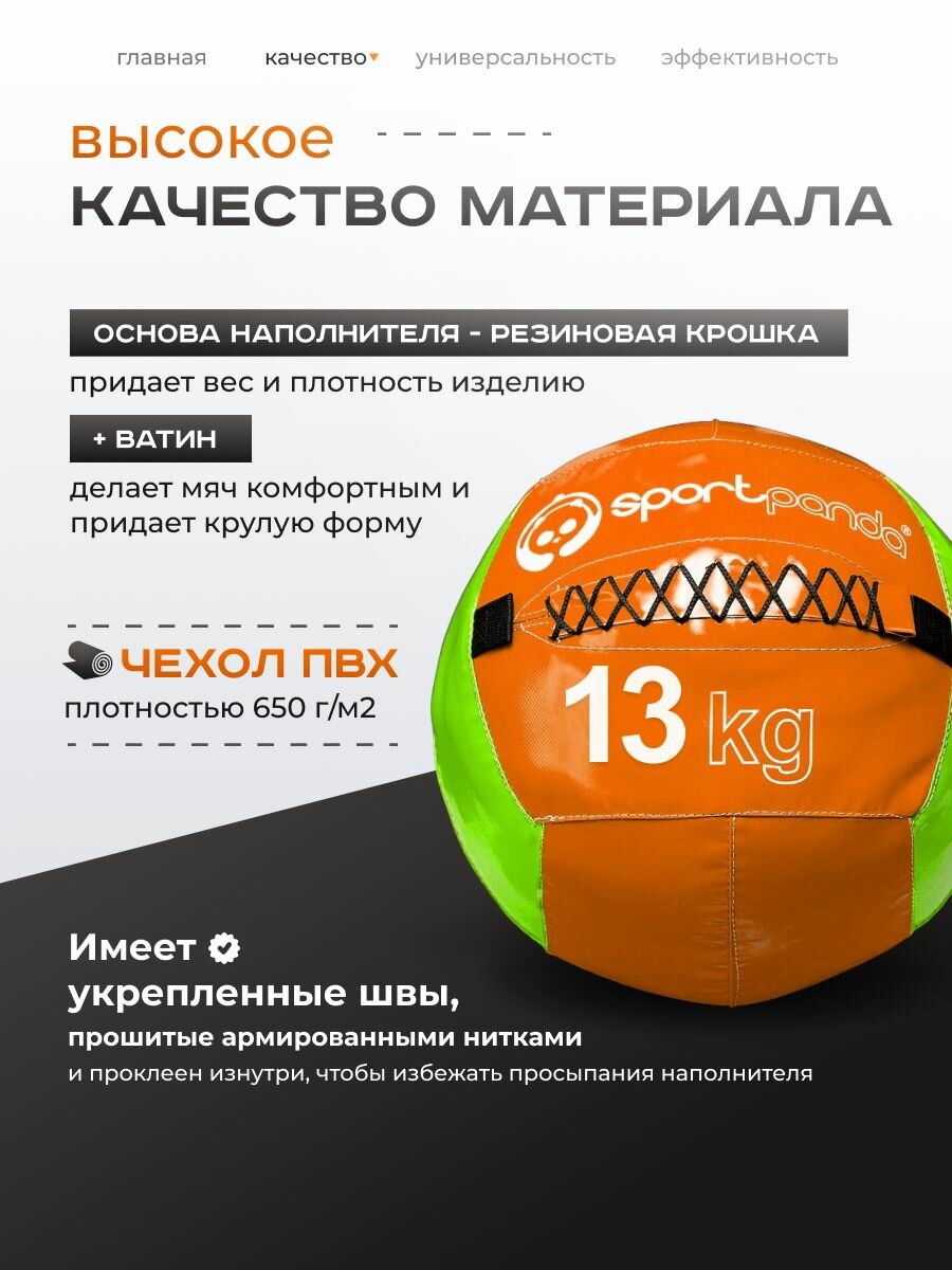 Медбол SportPanda, ПВХ, диаметр 38 см, 13 кг, армированные швы — фото 1