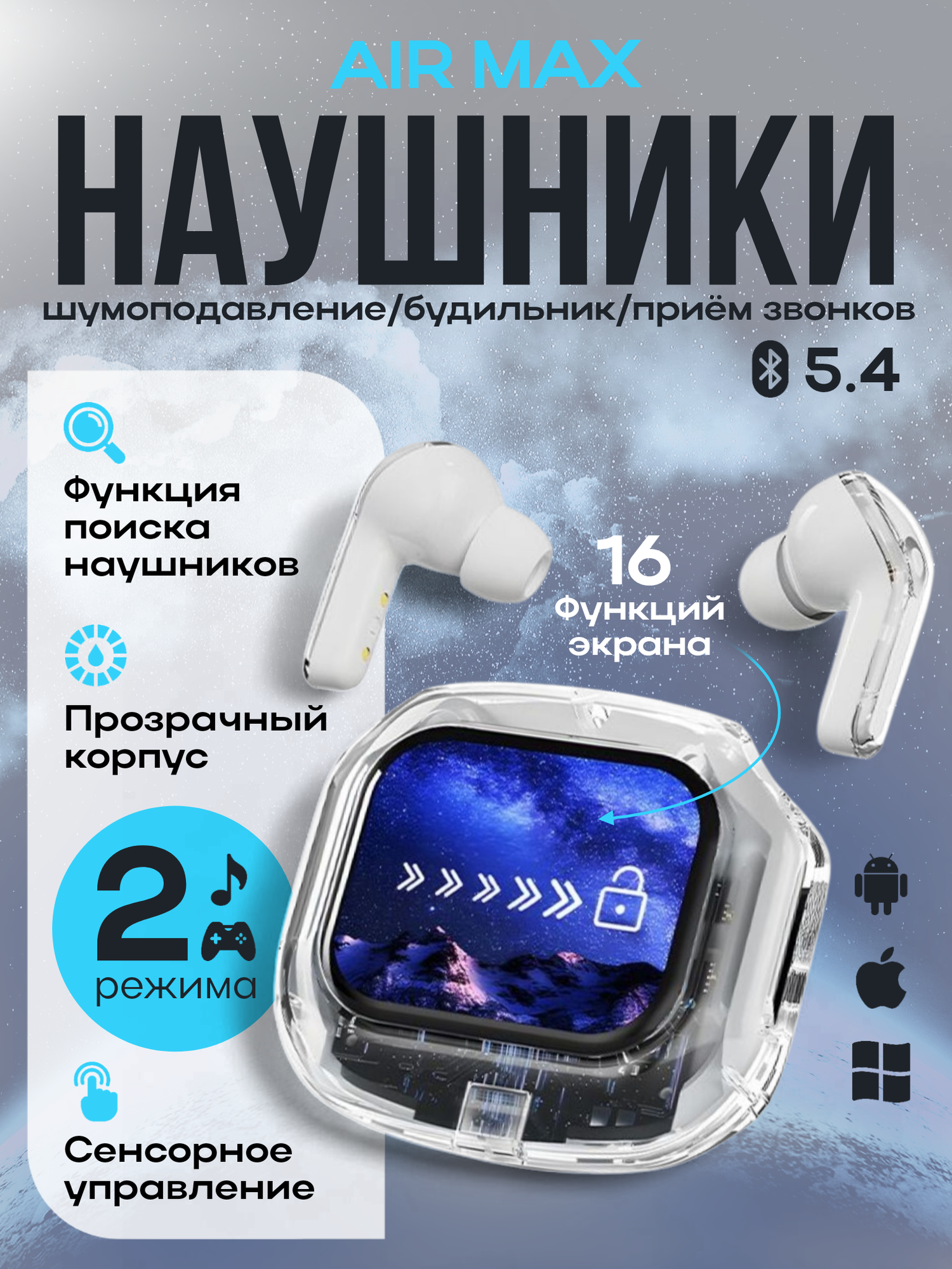 Наушники беспроводные Bluetooth с шумоподавлением, Белые