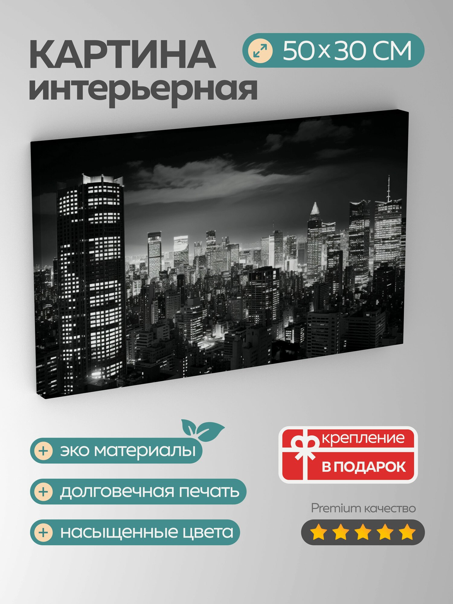 Картина на холсте интерьерная 50х30 см черно-белая фотография ночной Токио урбанистический магнетизм небоскребы