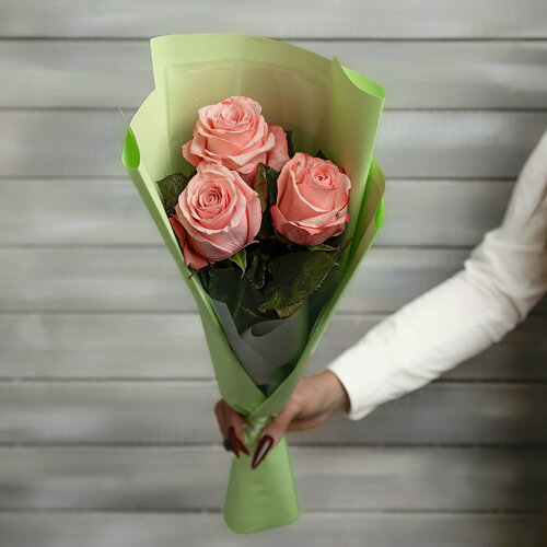 Изображение товара Букет живых цветов из 3 розовых роз в упаковке Эквадор 60 см