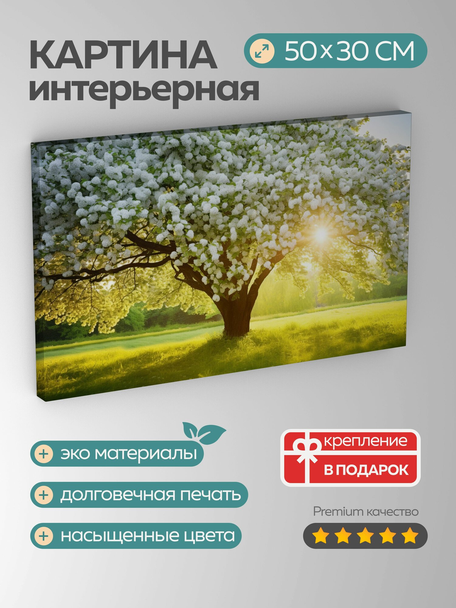 Картина на холсте интерьерная 50х30 см, фотография, черемуха, высокое разрешение, солнце, луг, ветви, небо, яркие цвета