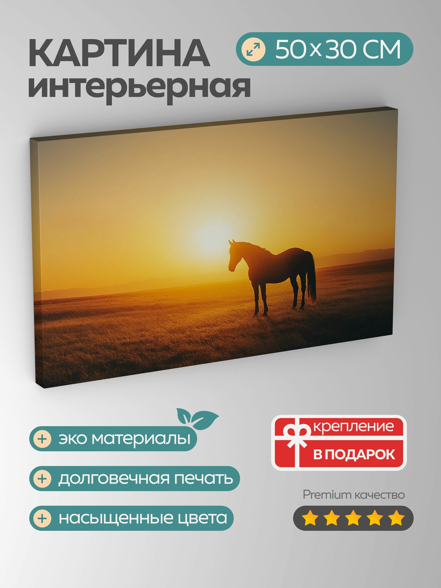 Картина на холсте интерьерная 50х30 см, конь, пустыня, горизонт, силуэт, солнце, небо, оттенки, свет, золотистый