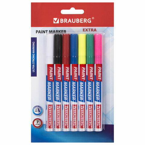 Маркер-краска лаковый EXTRA (paint marker) 2 мм, набор 7 цветов, усиленная нитро-основа, BRAUBERG, 151996