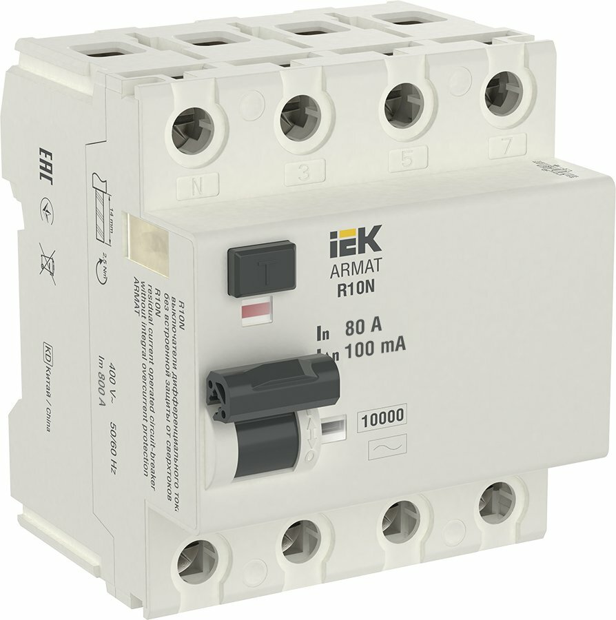 IEK ARMAT ВДТ R10N 4P 80А 100мА тип AC, IEK, арт. AR-R10N-4-080C100