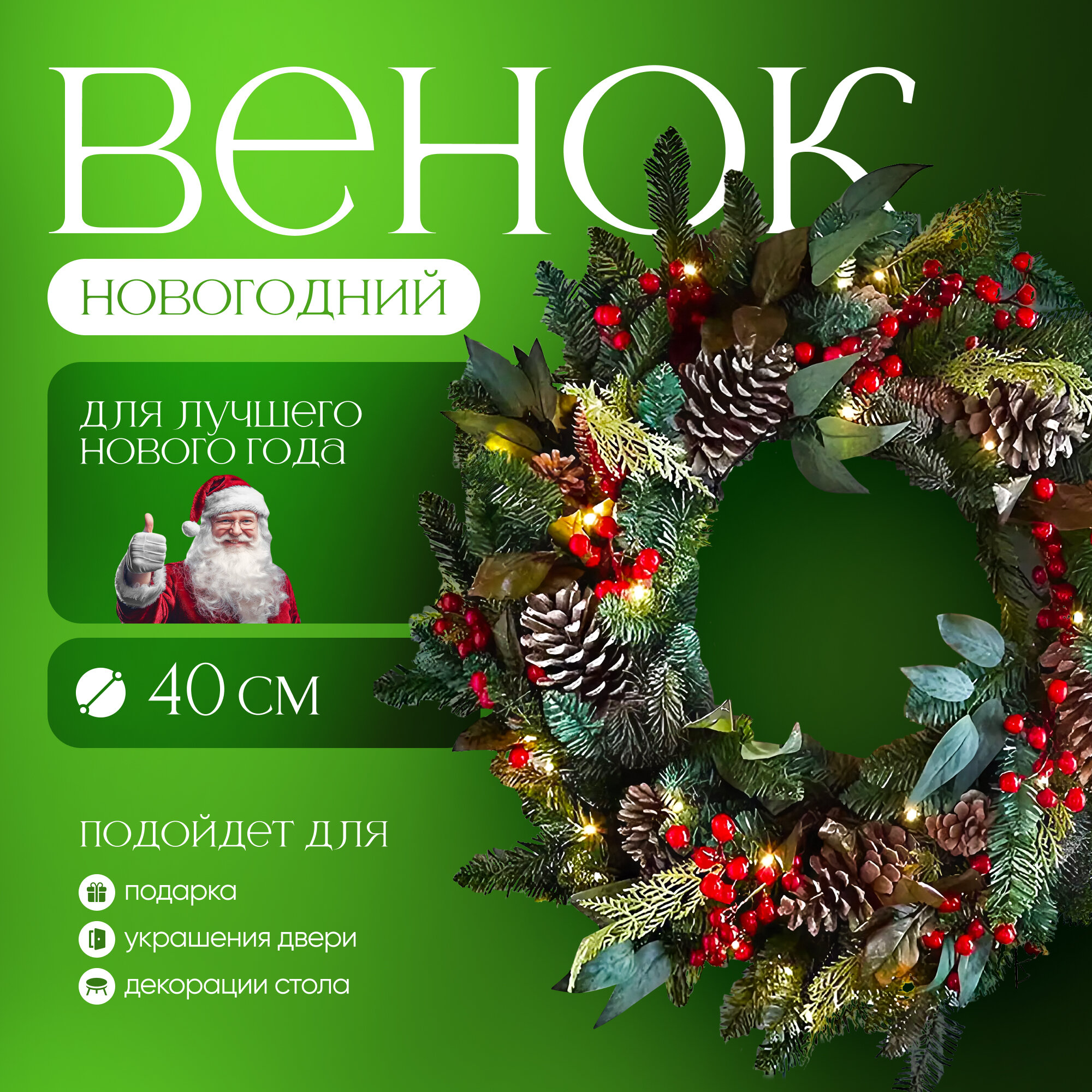 Новогодний венок Svendsen Xmas 35 см зелёный с еловыми шарами для дома и улицы