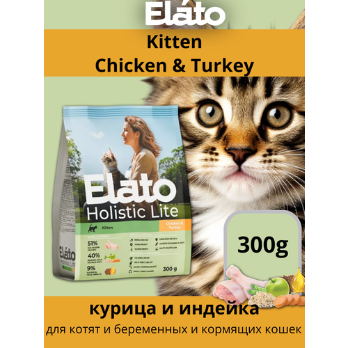 Корм сухой Elato Holistic Lite курица и индейка для котят и беременных и кормящих кошек (300 г)