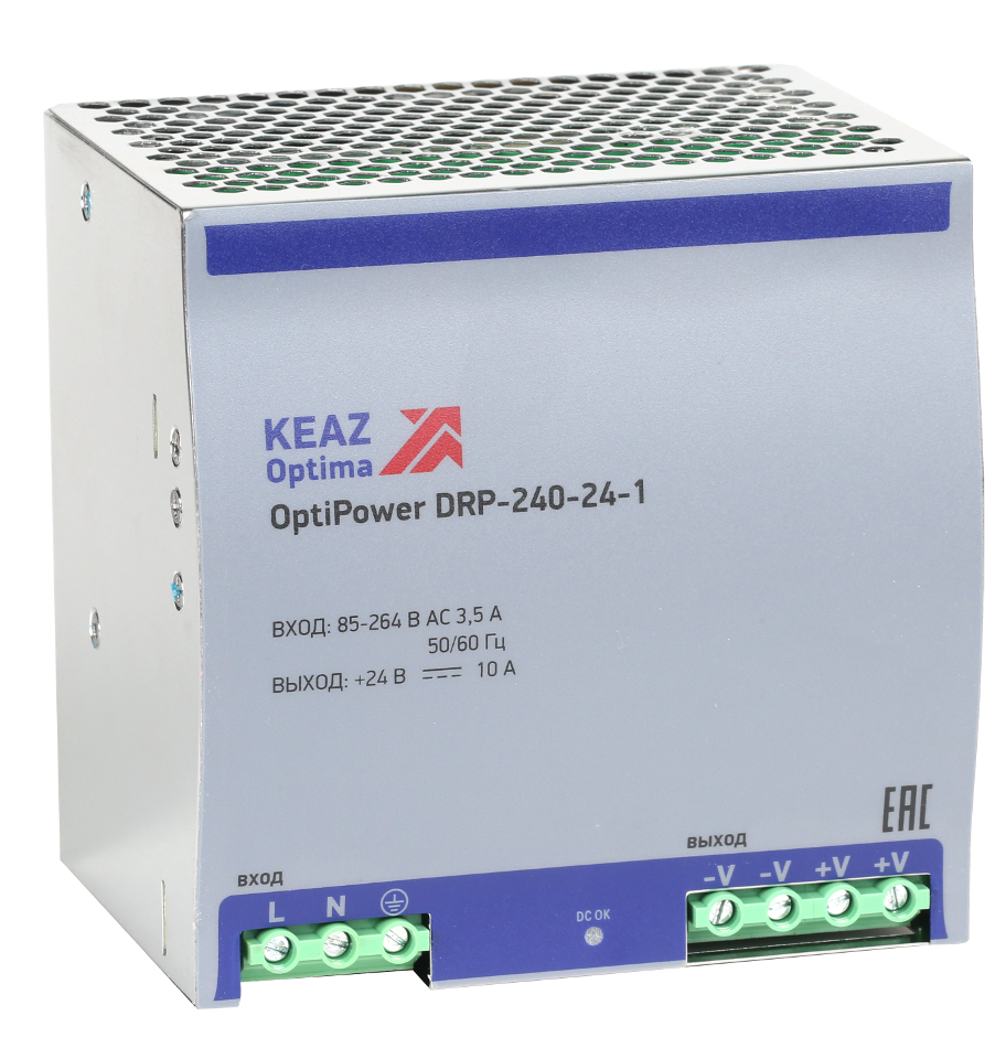 Блок питания КЭАЗ OptiPower DRP-240-24-1, в пластиковом корпусе, 240Вт, 230/24В, 5А, 284549 / преобразователь напряжения