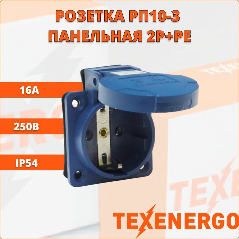 Розетка панельная РП10-3 с/у с защитной крышкой 2Р+РЕ 16А 250В IP54 встраиваемая SE010-016M