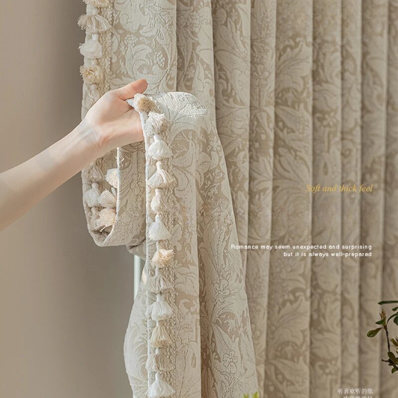 Французские кремовые жаккардовые шторы из полиэстера, W150cmxH250cm 1PC, Складчатая лента, Бежевый