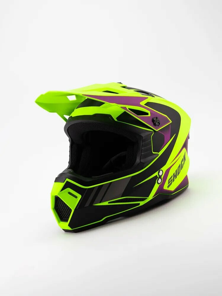 Мотошлем кроссовый SHOCK NEW MATT LIGHT GREEN/BLACK PURPLE размер XL для мотоциклиста — фото 1