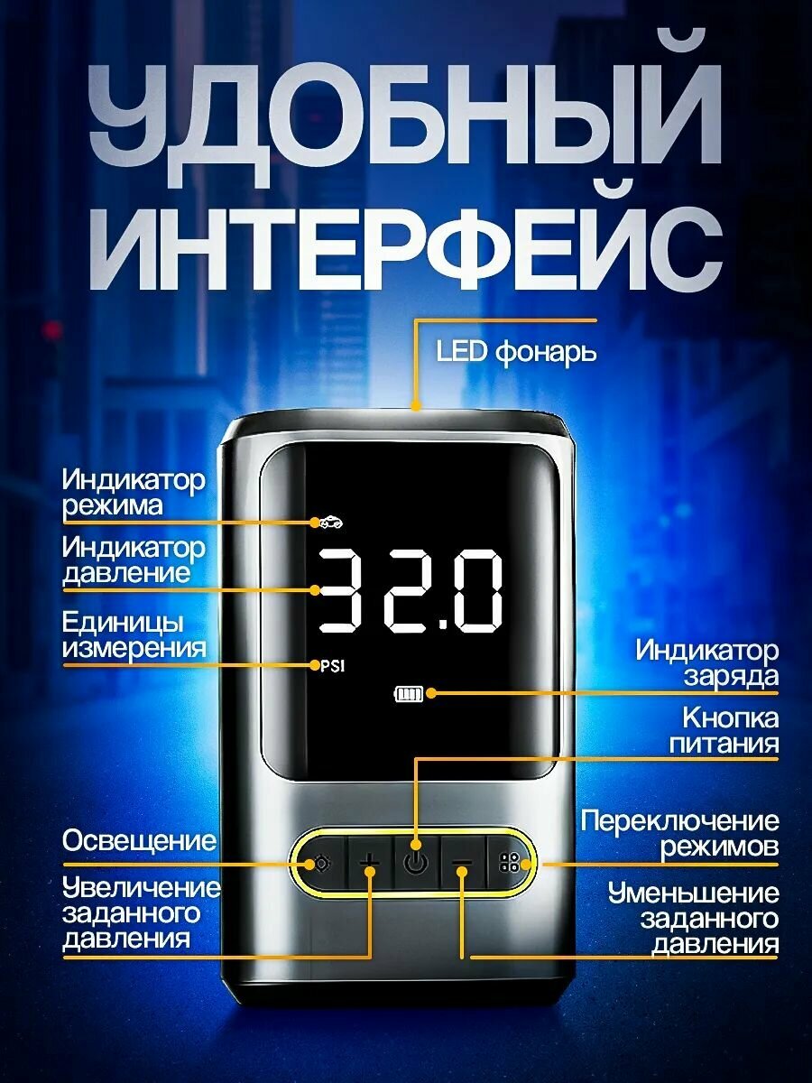 Изображение Автомобильный компрессор с датчиком давления, мощный насос для машин от Прикуриватель и блок питания, 35L/min, 80Вт.