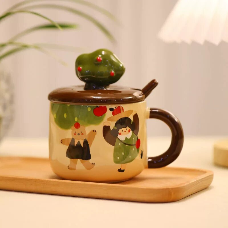 Керамическая чашка с рисунком танцующей девушки, с крышкой и ложкой, простая упаковка, 12 унций, ручная работа для