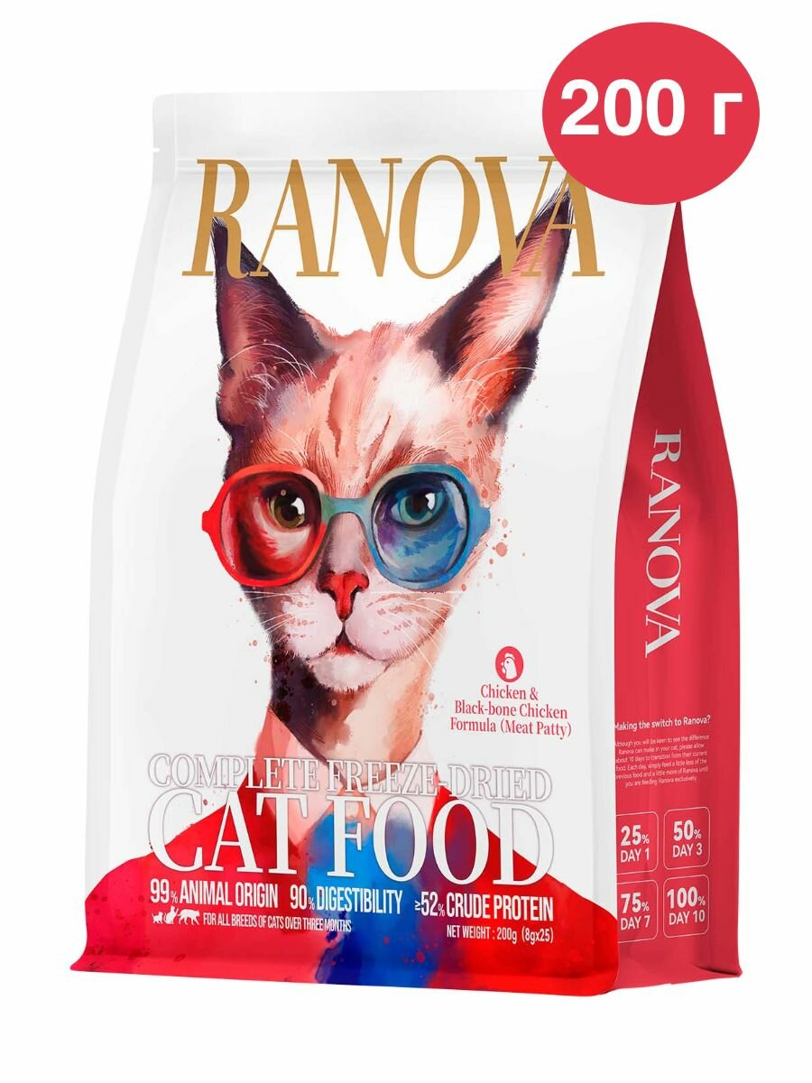 Ranova Полнорационный сухой сублимированный корм для кошек, с курицей - 200 г