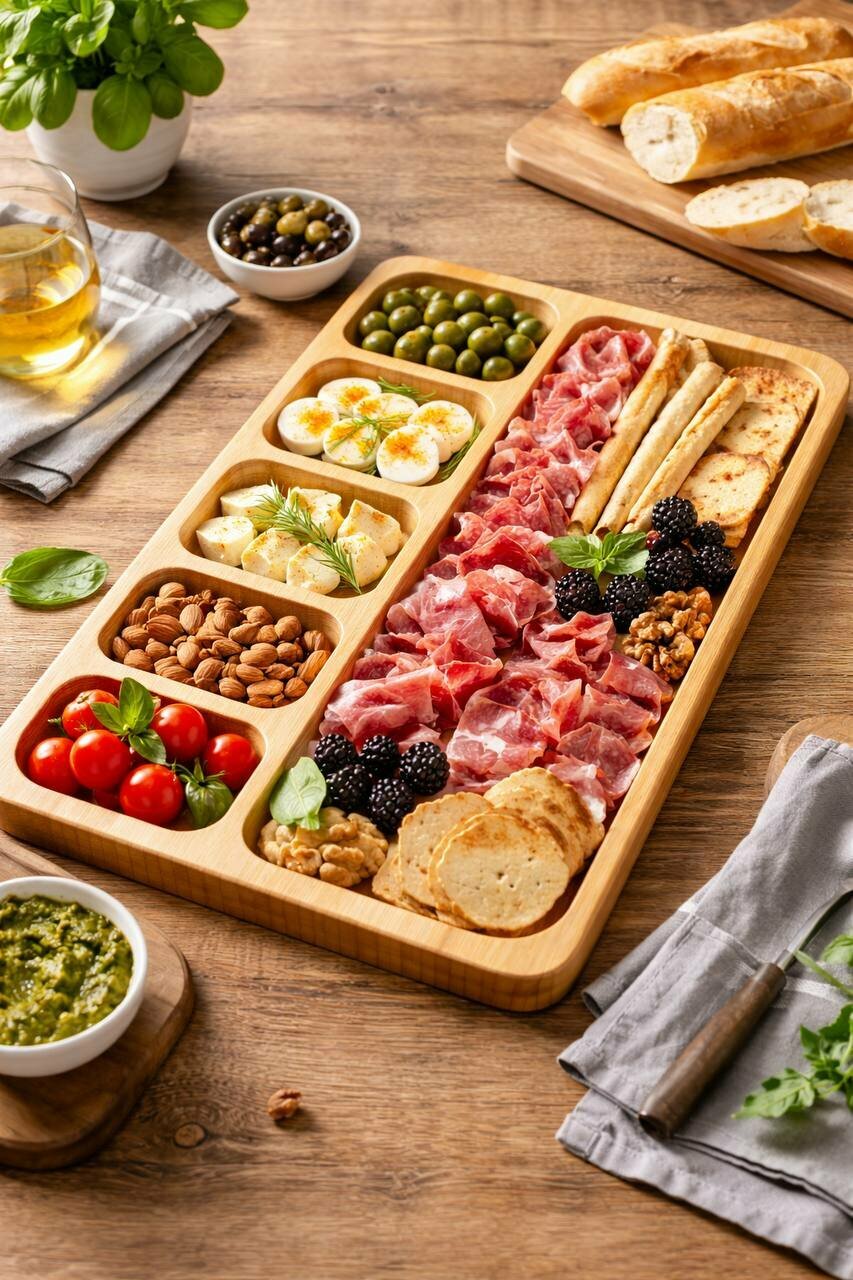 Бамбуковая менажница с 6 секциями – стильная посуда для закусок и десертов, размер 33×24 см, практичный выбор