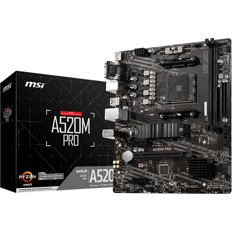 Материнская плата MSI AMD A520 sAM4, AM4, mATX, DDR4, DIMM, 64 ГБ ОЗУ, A520MPRO A520MPRO