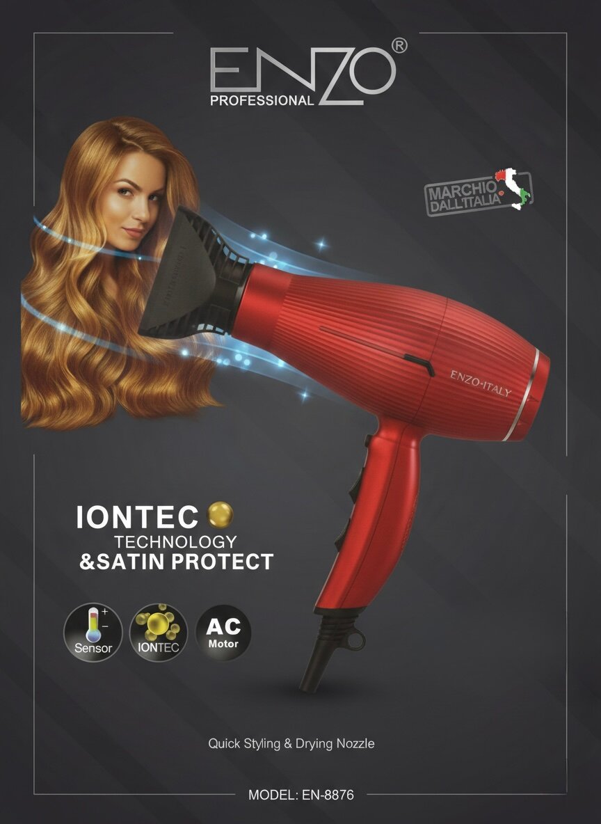 Фен Enzo EN-8876 профессиональный, ионный, с двигателем переменного тока, 2 насадки, для салонов красоты.