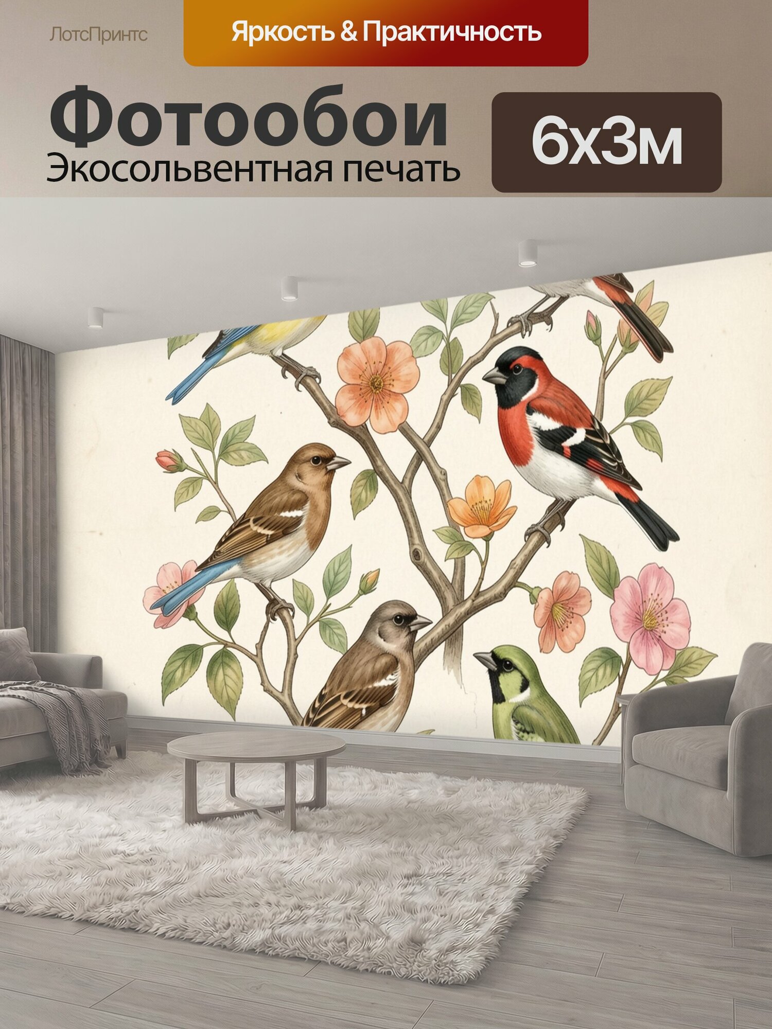 Фотообои "Птицы на цветущих ветках. Нежная ботаническая композиция с шестью яркими пернатыми на ветвях среди весенних цветов и листьев." 600x300 см. экосольвентная печать