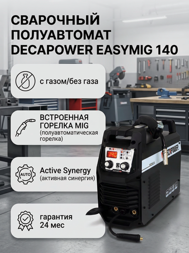 Изображение товара Сварочный полуавтомат DECAPOWER EASYMIG 140, с газом/без газа 4в1 MIG/FLUX/ММА/LIFT TIG, встроенная горелка