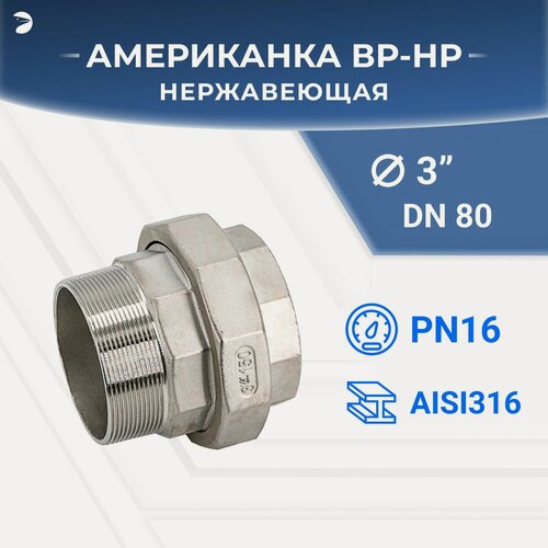 Изображение товара Newkey Американка нр/вр наружная внутренняя резьба нержавеющая, AISI316 DN80 (3") дюйма, (CF8M), PTFE, PN16