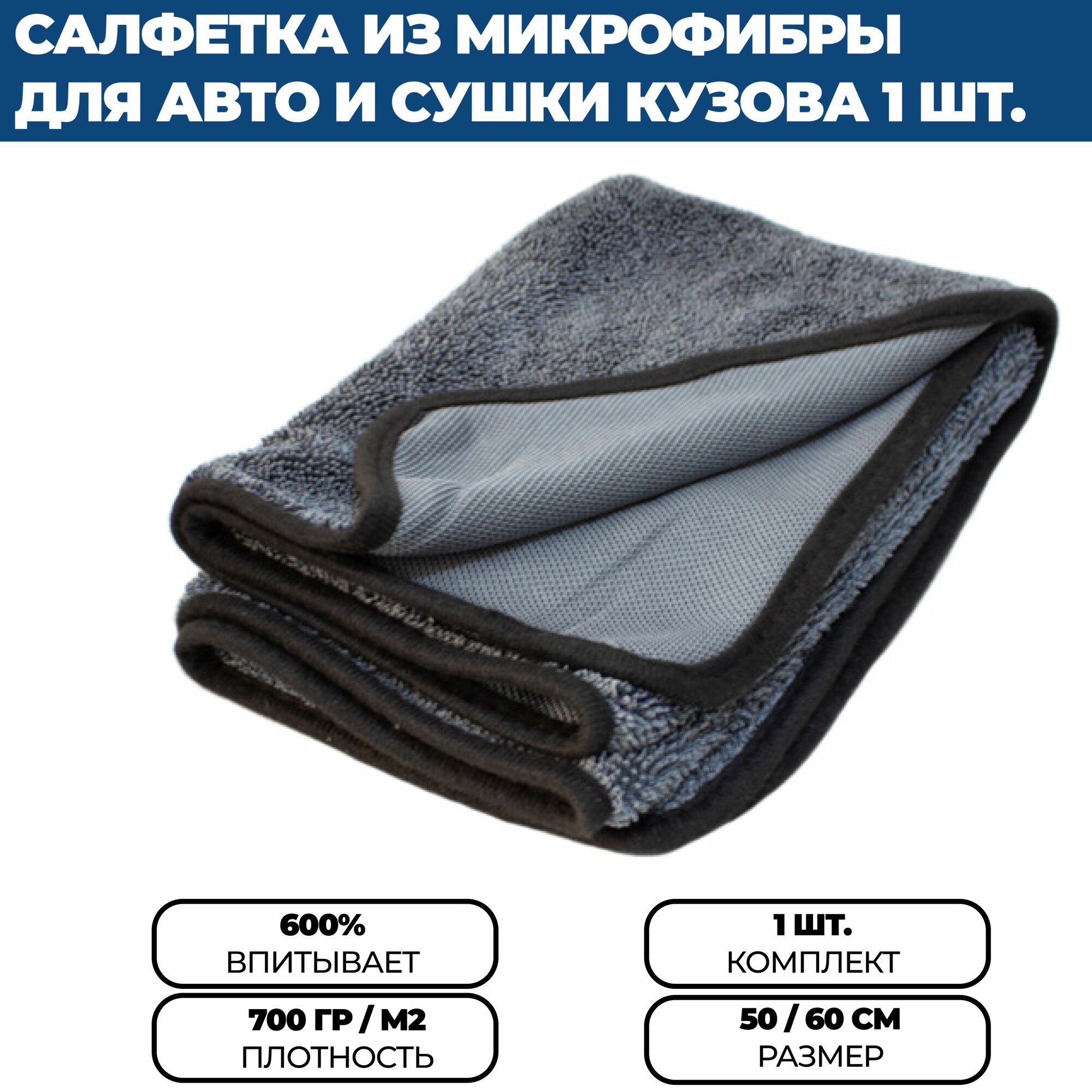 Салфетка (тряпка) из микрофибры для авто и сушки кузова, цвет голубой, 1 шт.