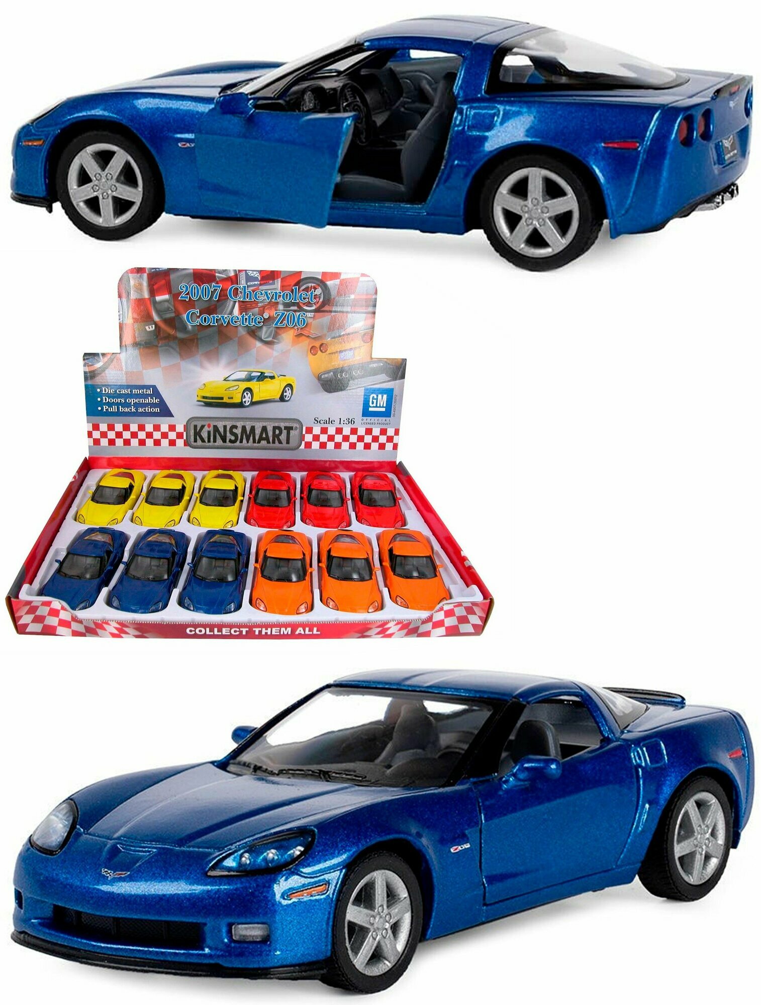 Машинка игрушка для мальчика металлическая, инерционная 1:36 2007 Chevrolet Corvette Z06 в дисплейбоксе, синий