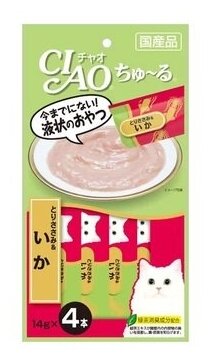 Лакомство INABA ЧАО чуру для кошек пюре филе курицы + кальмар 4*14г (годен до 27.07.2025г)