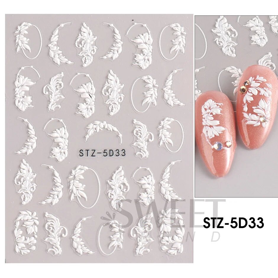 5D тисненые наклейки для дизайна ногтей SWEET TREND белые цветочные, STZ-5D33