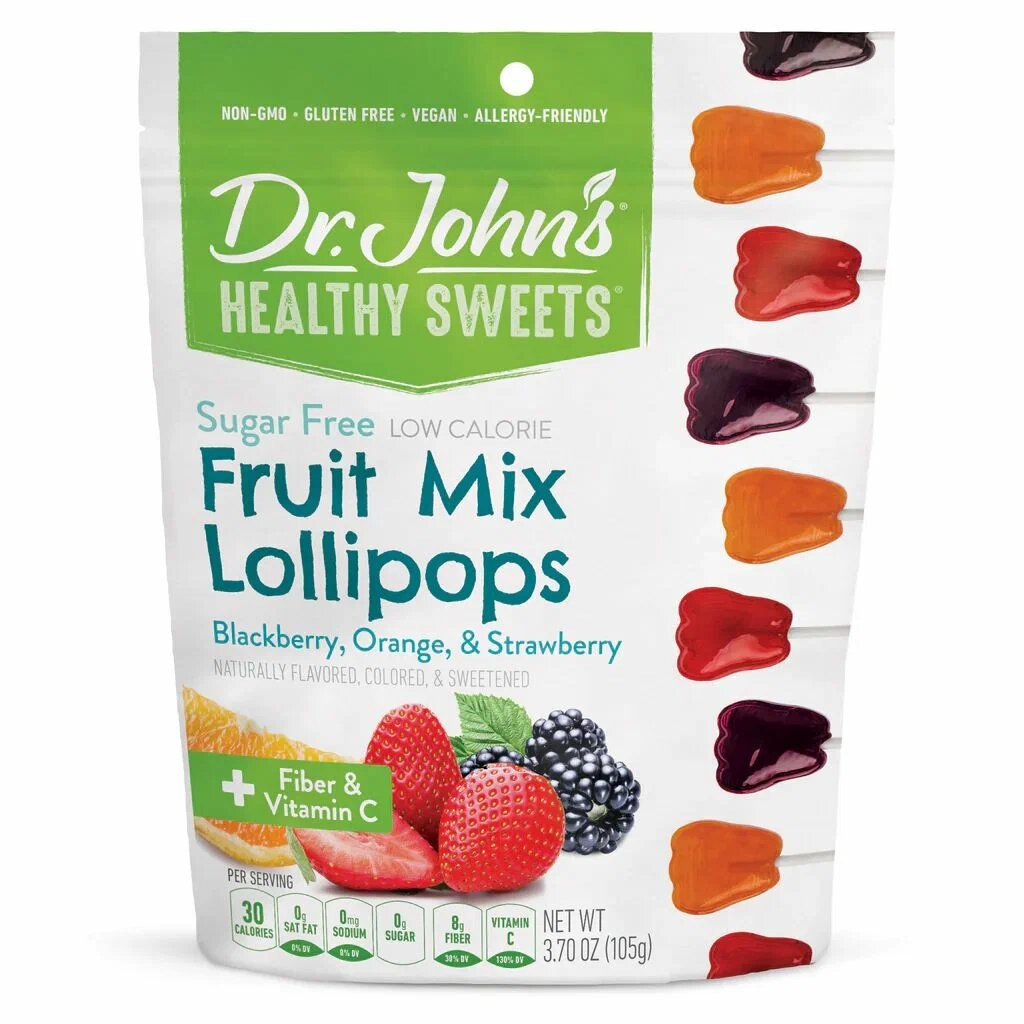 Леденцы с ксилитом на палочке без сахара гипоаллергенные Dr.Johns Fruit Mix Lollipops (ежевика, апельсин, клубника)