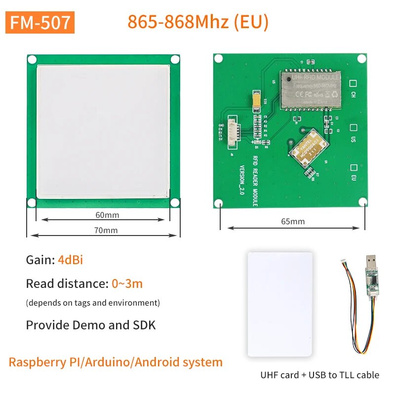 Модуль считывателя UHF RFID Fonkan FM-50X, 4dBi 70x70mm EU